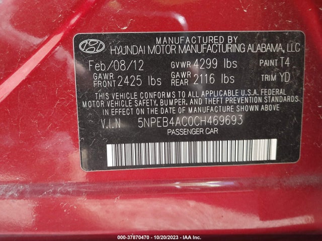 2012 HYUNDAI SONATA GLS PZEV VIN: 5NPEB4AC0CH469693