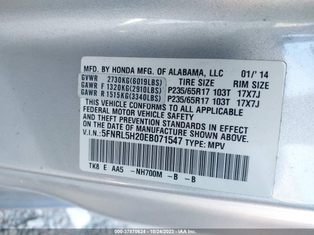 Honda ODYSSEY LX 2014 5FNRL5H20EB071547 Image 9