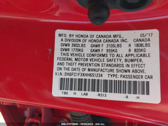 2017 HONDA CIVIC EX-T VIN: 2HGFC1F3XHH651234