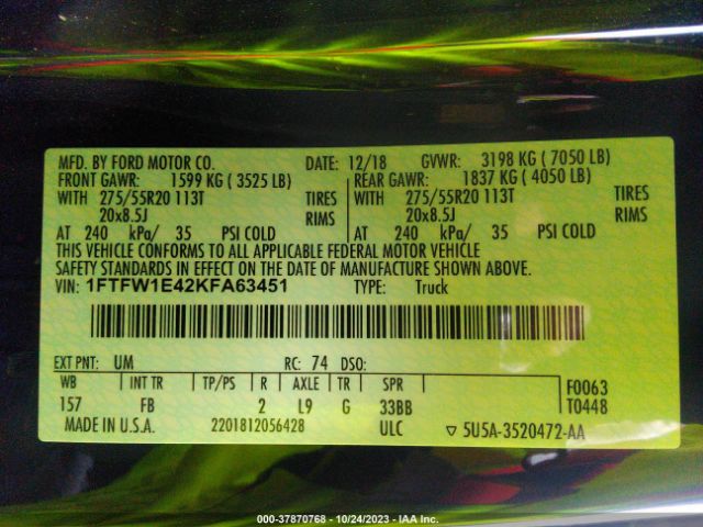 1FTFW1E42KFA63451 Ford F-150 Xl/xlt/lariat