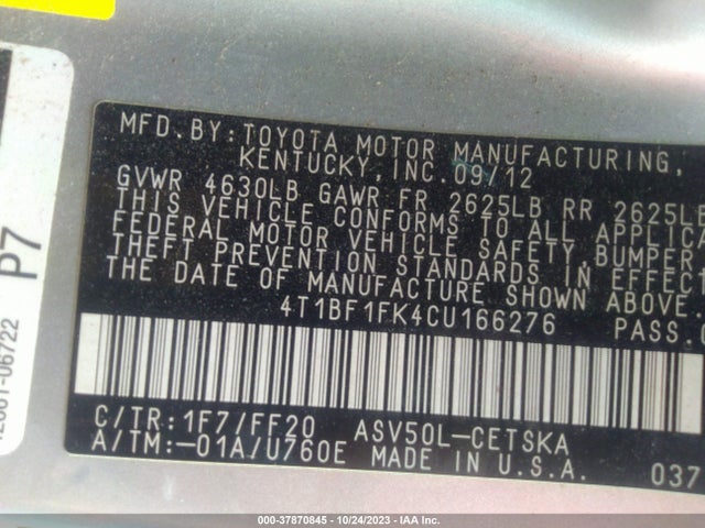 2012 TOYOTA CAMRY L/LE/SE/XLE VIN: 4T1BF1FK4CU166276