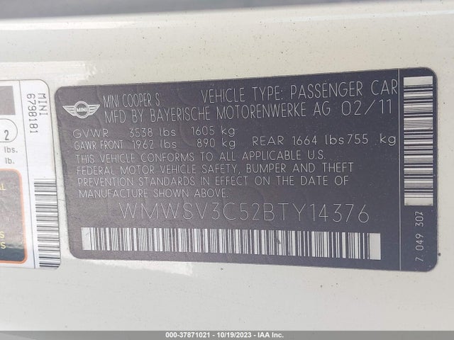 2011 MINI COOPER HARDTOP WMWSV3C52BTY14376 Photo 8