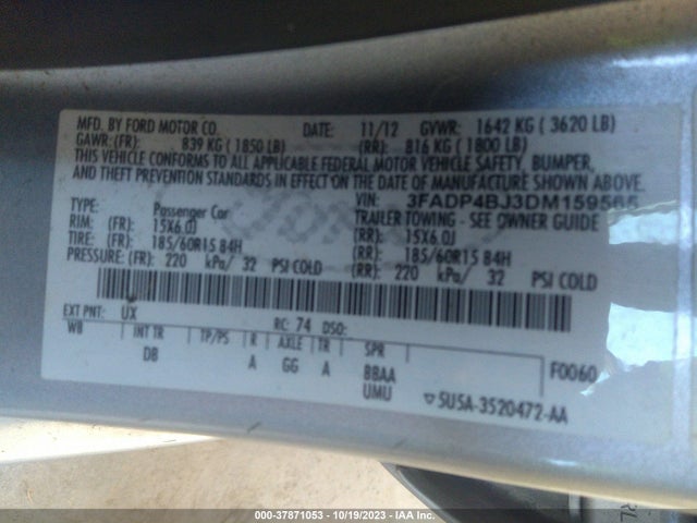 2013 FORD FIESTA SE VIN: 3FADP4BJ3DM159565