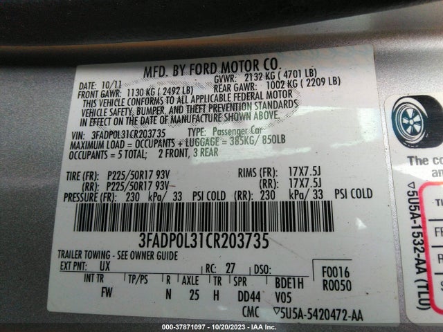 2012 FORD FUSION HYBRID VIN: 3FADP0L31CR203735