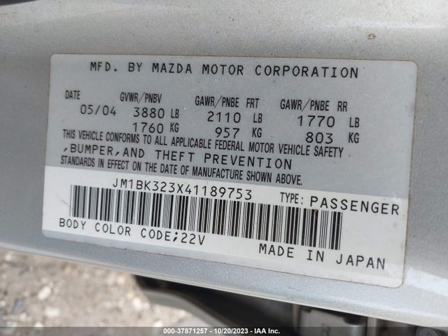 2004 MAZDA MAZDA3 S VIN: JM1BK323X41189753