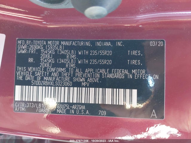 Toyota Highlander Limited/platinum 2020 5TDDZRBHXLS023060 Image 9