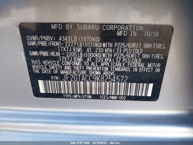 2019 SUBARU CROSSTREK PREMIUM VIN: JF2GTACC9K8254572