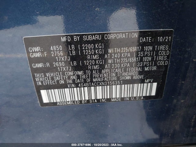 Subaru Outback Premium 2022 4S4BTACCXN3156351 Image 9