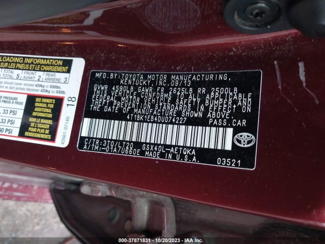2013 TOYOTA AVALON XLE TOURING VIN: 4T1BK1EB4DU074227