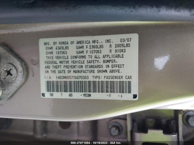 2007 HONDA ACCORD SDN EX-L VIN: 1HGCM66577A070303