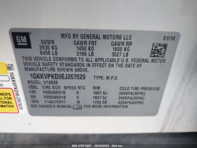 1GKKVPKD9EJ267629 GMC ACADIA SLE