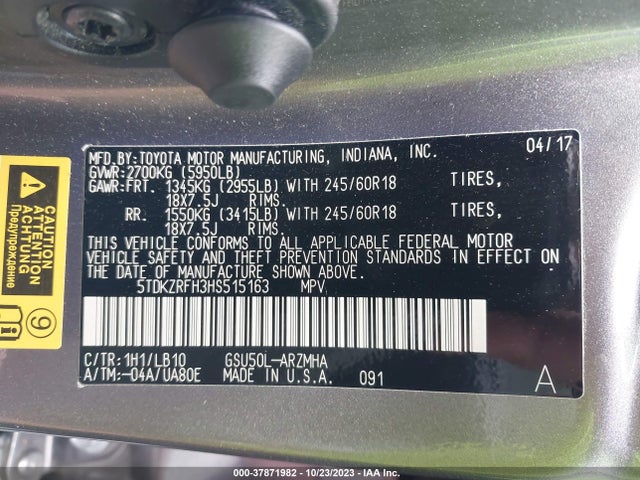 Toyota Highlander Xle/se 2017 5TDKZRFH3HS515163 Image 9