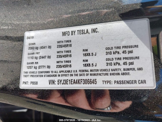 Tesla Model 3 Range 2019 5YJ3E1EA4KF306645 Image 9