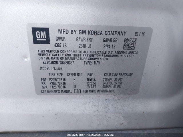 Chevrolet Trax 1ls 2016 KL7CJNSB7GB630387 Image 9