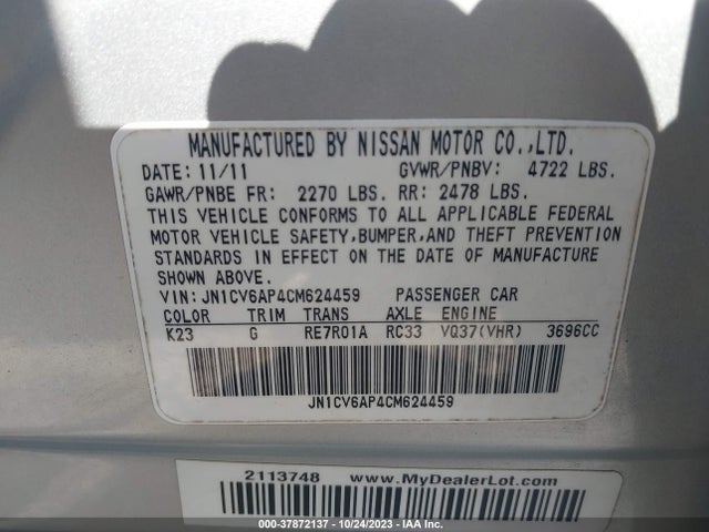 2012 INFINITI G37 SEDAN JOURNEY VIN: JN1CV6AP4CM624459