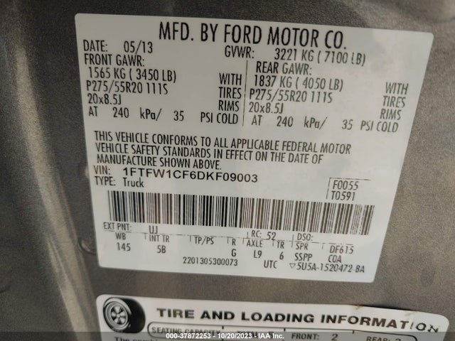 2013 FORD F-150 XL/XLT/FX2/LARIAT VIN: 1FTFW1CF6DKF09003