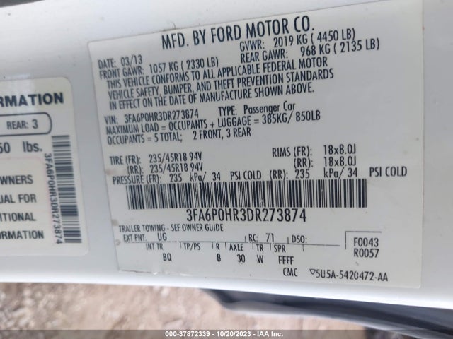 2013 FORD FUSION SE VIN: 3FA6P0HR3DR273874