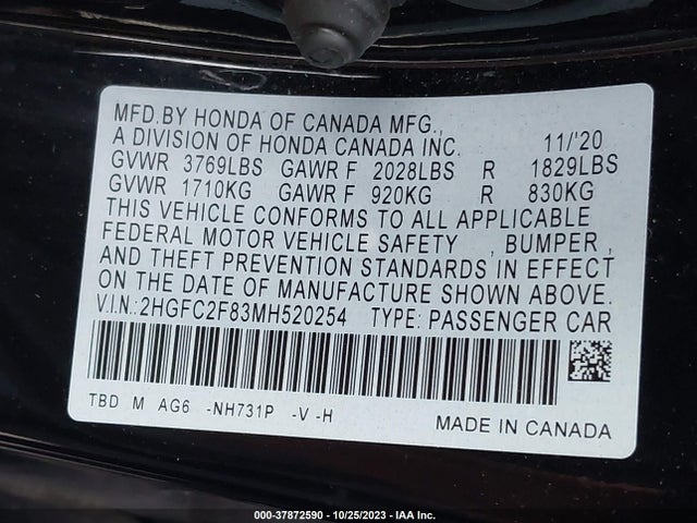 2021 HONDA CIVIC SPORT VIN: 2HGFC2F83MH520254