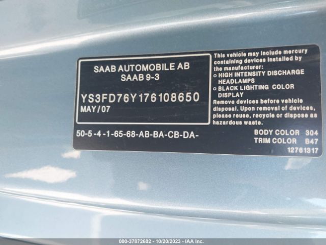 2007 SAAB 9-3 YS3FD76Y176108650 Photo 8
