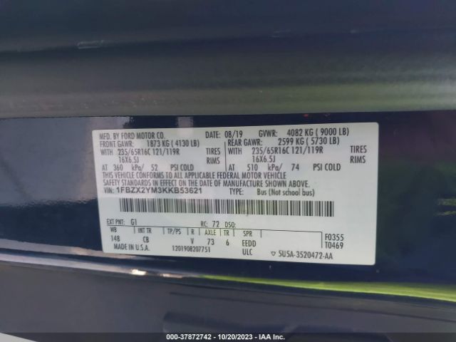 1FBZX2YM3KKB53621 Ford Transit Passenger Wagon Xl/xlt