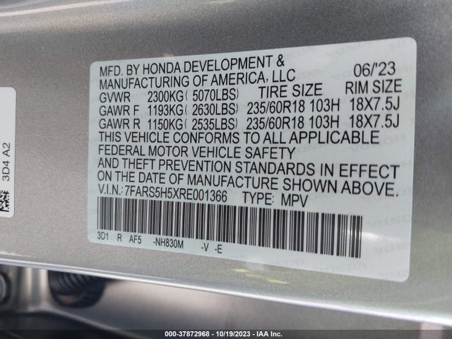 2024 HONDA CR-V HYBRID SPORT VIN: 7FARS5H5XRE001366