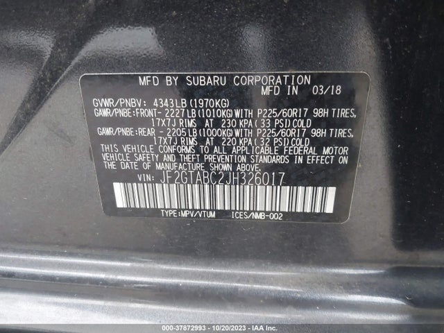 2018 SUBARU CROSSTREK PREMIUM VIN: JF2GTABC2JH326017