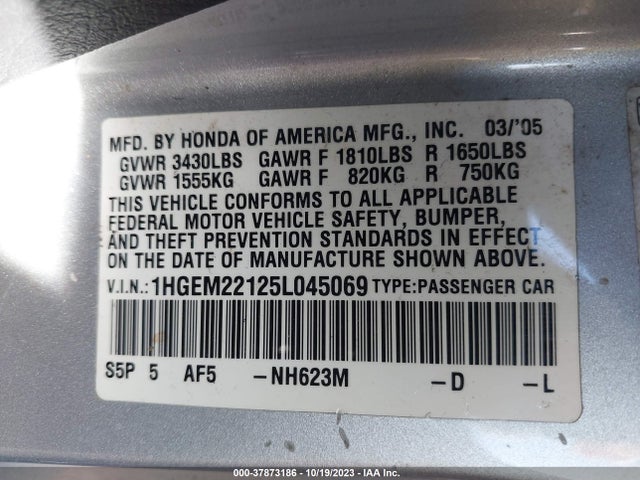 2005 HONDA CIVIC VP VIN: 1HGEM22125L045069