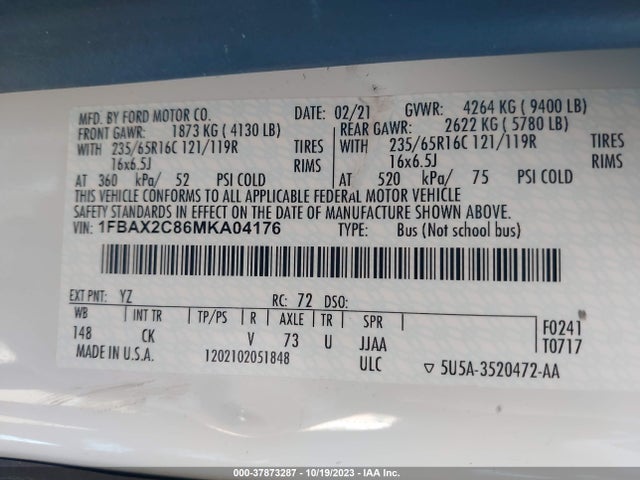 1FBAX2C86MKA04176 Ford Transit Passenger Wagon Xl/xlt
