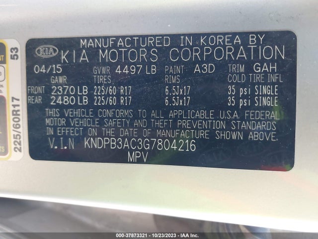 2016 KIA SPORTAGE LX VIN: KNDPB3AC3G7804216