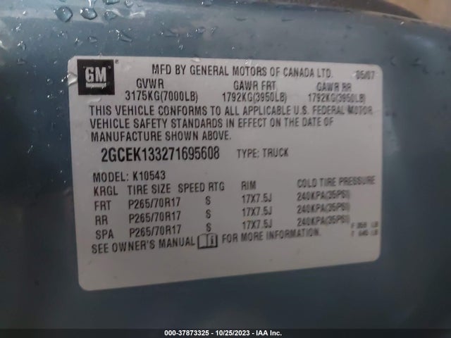 2007 CHEVROLET SILVERADO 1500 LT W/1LT VIN: 2GCEK133271695608