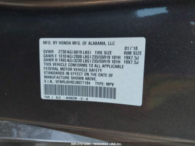 5FNRL6H92JB077184 Honda Odyssey Elite