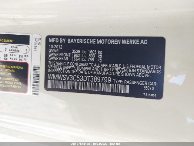2013 MINI HARDTOP WMWSV3C53DT389799 Photo 8