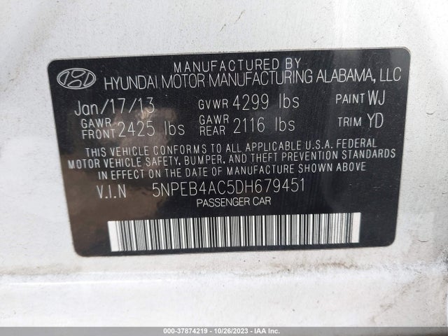2013 HYUNDAI SONATA GLS VIN: 5NPEB4AC5DH679451