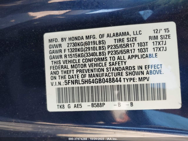 Honda Odyssey Ex-l 2016 5FNRL5H64GB048844 Image 9