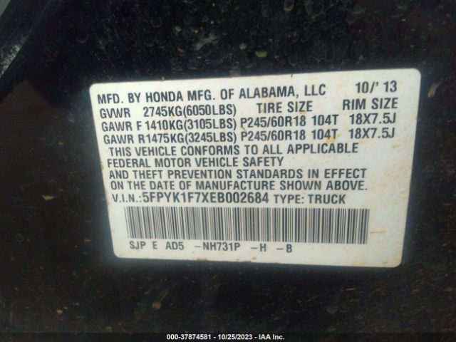 5FPYK1F7XEB002684 Honda Ridgeline Sport
