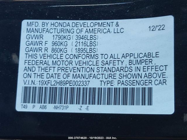 19XFL2H89PE002337 Honda Civic Hatchback Sport