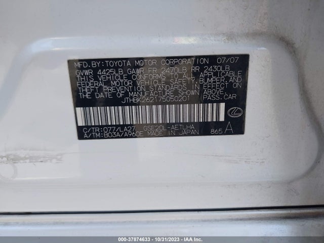 2007 LEXUS IS 250 VIN: JTHBK262175050201
