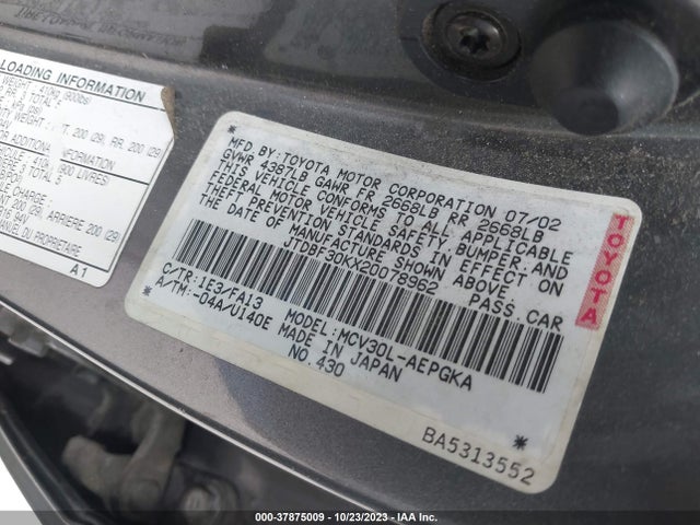 2002 TOYOTA CAMRY XLE/LE/SE VIN: JTDBF30KX20078962
