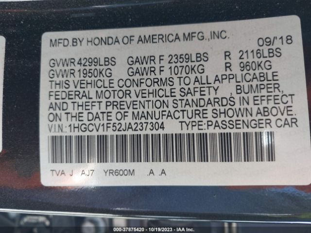 1HGCV1F52JA237304 Honda Accord Sedan Ex-l 1.5t