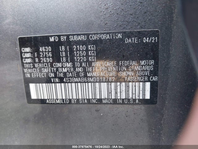 2021 SUBARU LEGACY VIN: 4S3BWAB68M3018782