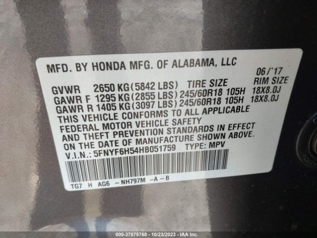 5FNYF6H54HB051759 Honda Pilot Ex-l