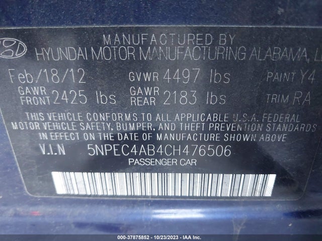2012 HYUNDAI SONATA 2.0T SE VIN: 5NPEC4AB4CH476506