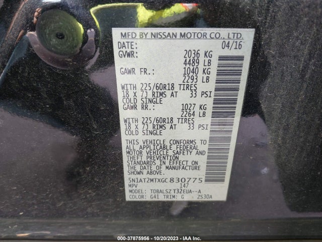 2016 NISSAN ROGUE SL VIN: 5N1AT2MTXGC830775