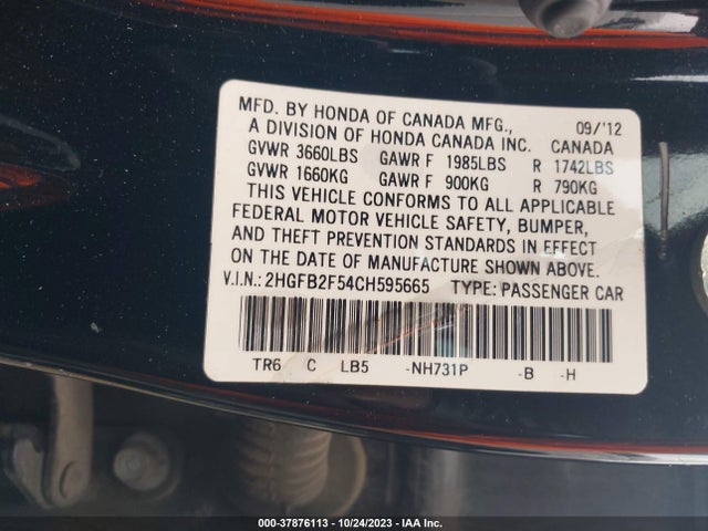 2012 HONDA CIVIC SDN LX VIN: 2HGFB2F54CH595665