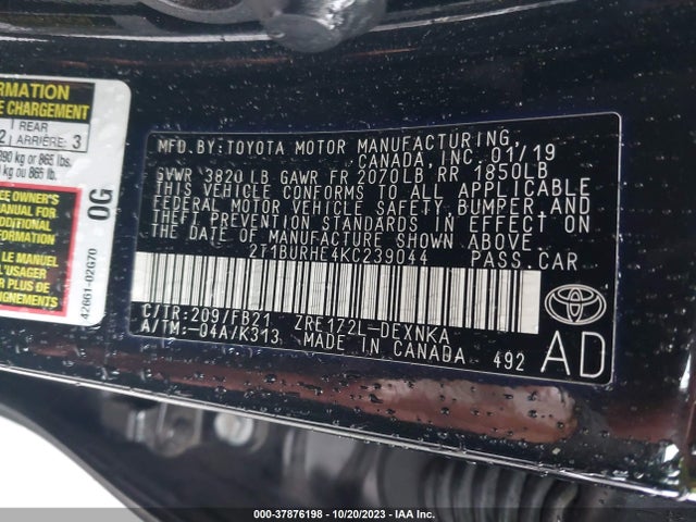 2019 TOYOTA COROLLA L/LE/SE/XLE/XSE VIN: 2T1BURHE4KC239044