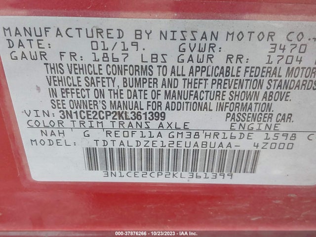 2019 NISSAN VERSA NOTE SV VIN: 3N1CE2CP2KL361399