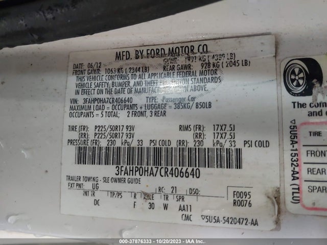 2012 FORD FUSION SE VIN: 3FAHP0HA7CR406640