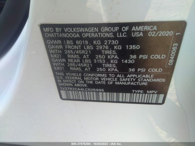 1V2TR2CA4LC505995 Volkswagen Atlas 3.6l V6 Sel Premium