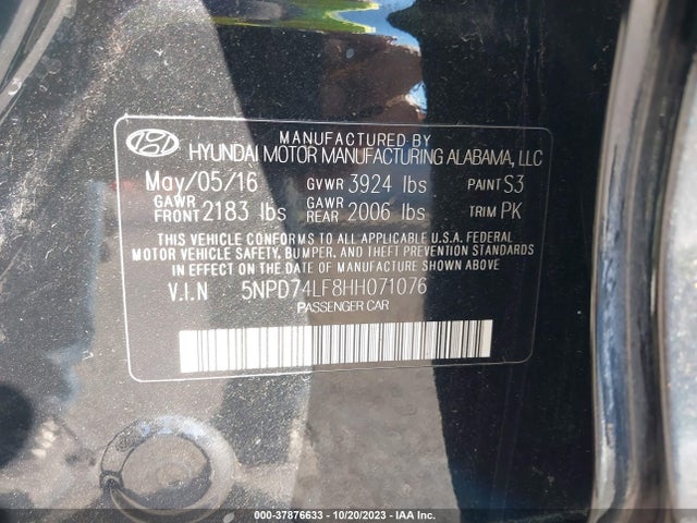 2017 HYUNDAI ELANTRA SE VIN: 5NPD74LF8HH071076