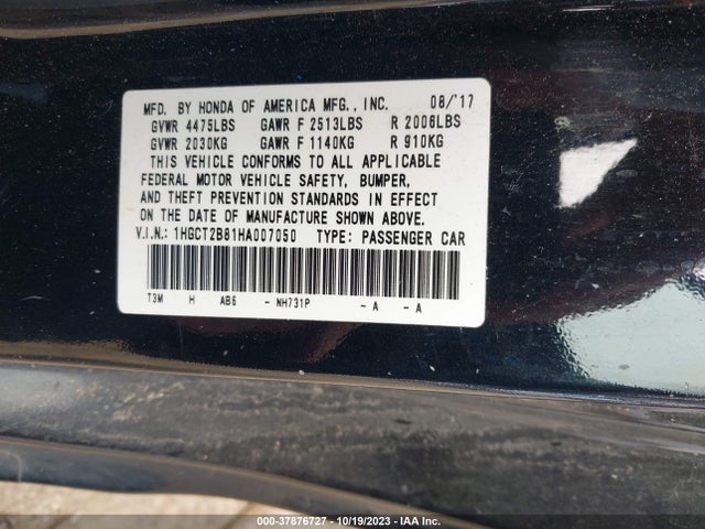 Honda Accord Ex-l V6 2017 1HGCT2B81HA007050 Image 9